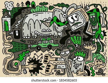 Cartoon vector doodles hand drawn town.