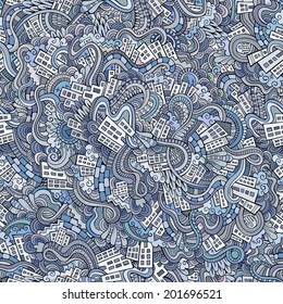 Cartoon vector doodles hand drawn town. seamless pattern