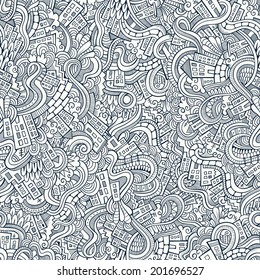 Cartoon vector doodles hand drawn town. seamless pattern