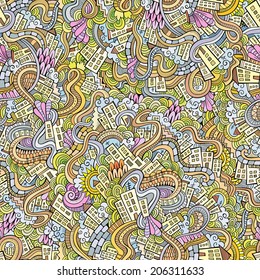 Cartoon vector doodles hand drawn town. seamless pattern