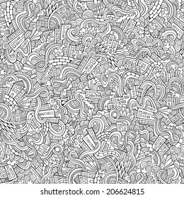 Cartoon vector doodles hand drawn town. seamless pattern