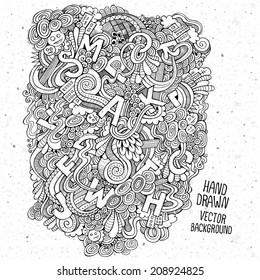 Cartoon vector doodles hand drawn letters sketch background