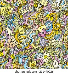 Cartoon vector doodles hand drawn sale shopping seamless pattern