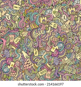 Cartoon vector doodles hand drawn sale shopping pattern