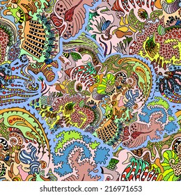 Cartoon vector doodles hand drawn abstraction. seamless pattern 