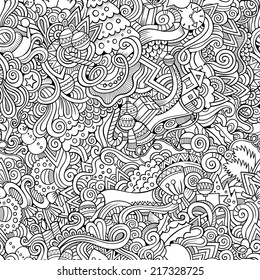 Cartoon vector doodles hand drawn New Year and Christmas seamless pattern