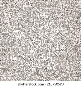Cartoon vector doodles hand drawn town. seamless pattern