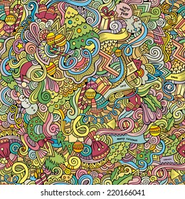 Cartoon vector doodles hand drawn New Year and Christmas seamless pattern