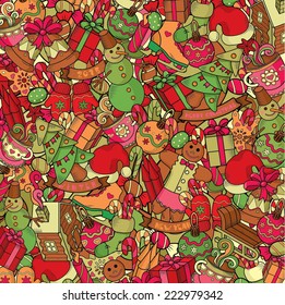 Cartoon vector doodles hand drawn seamless pattern. New Year and Christmas illustration