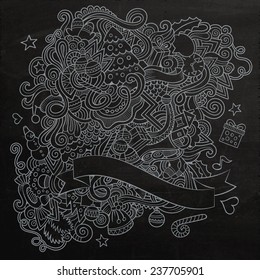 Cartoon vector doodles hand drawn New Year sketch chalkboard background