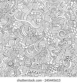 Cartoon Vector Doodles Hand Drawn Town. Seamless Pattern