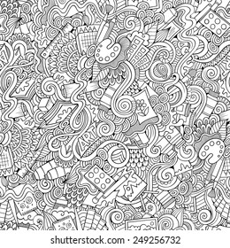 Cartoon vector doodles hand drawn art and craft seamless pattern