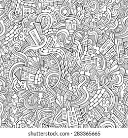 Cartoon Vector Doodles Hand Drawn Town. Seamless Pattern