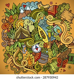 Cartoon vector doodles hand drawn camping background
