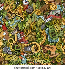 Cartoon vector doodles hand drawn camping seamless pattern