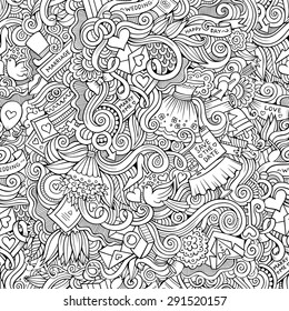 Cartoon vector doodles hand drawn wedding seamless pattern