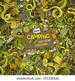Cartoon vector doodles hand drawn Camping frame background