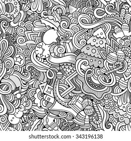 Cartoon vector doodles hand drawn New Year and Christmas seamless pattern