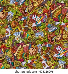 Cartoon vector doodles hand drawn art and craft seamless pattern. Lots of symbols, objects and elements