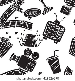 Cartoon vector doodles hand drawn cinema seamless pattern illustration