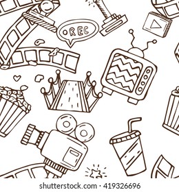 Cartoon vector doodles hand drawn cinema seamless pattern illustration