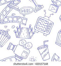 Cartoon vector doodles hand drawn cinema seamless pattern illustration