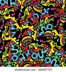 Cartoon vector doodles hand drawn town. seamless pattern