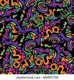Cartoon vector doodles hand drawn town. seamless pattern