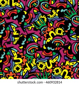 Cartoon vector doodles hand drawn town. seamless pattern