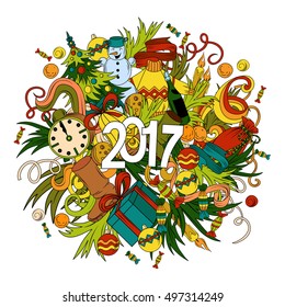 Cartoon vector doodles hand drawn 2017 year illustration. Bright colors picture with new year theme items.