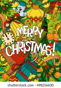 Cartoon vector doodles hand drawn Merry Christmas illustration. Bright colors picture with christmas theme items.