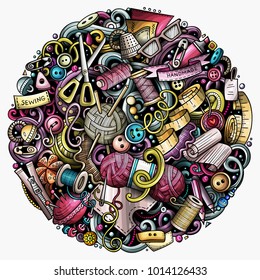 Cartoon vector doodles Handmade illustration. Colorful, detailed, with lots of objects background. All objects separate. Bright colors Hand made funny round picture