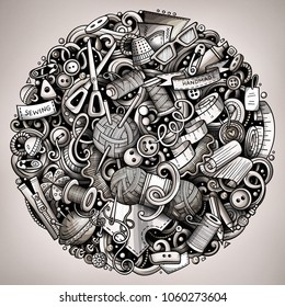 Cartoon vector doodles Handmade illustration. Monochrome, detailed, with lots of objects background. All objects separate. Toned Hand made funny round picture