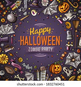 Cartoon vector doodles Happy Halloween frame card design. Colorful detailed, with lots of objects illustration. Bright colors holidays funny border
