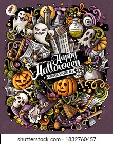 Cartoon vector doodles Happy Halloween illustration. Colorful, detailed, with lots of objects background. All objects separate. Bright colors funny picture