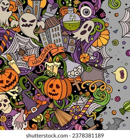 Cartoon vector doodles Happy Halloween border. Graphics, detailed, with lots of objects background. All objects separate. Colorful funny frame