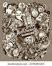 Cartoon vector doodles Happy Halloween illustration. Graphics, detailed, with lots of objects background. All objects separate. Monochrome funny picture