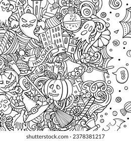 Cartoon vector doodles Happy Halloween border. Graphics, detailed, with lots of objects background. All objects separate. Sketchy funny frame