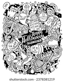 Cartoon vector doodles Happy Halloween illustration. Sketchy, detailed, with lots of objects background. All objects separate