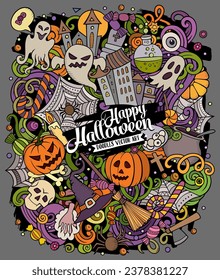 Cartoon vector doodles Happy Halloween illustration. Colorful, detailed, with lots of objects background. All objects separate. Bright colors funny picture