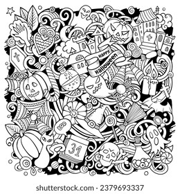 Cartoon vector doodles Happy Halloween illustration. Sketchy, detailed, with lots of objects background. All objects separate. NOT AI