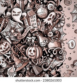 Cartoon vector doodles Happy Halloween border. Graphics, detailed, with lots of objects background. All objects separate. Monochrome funny frame