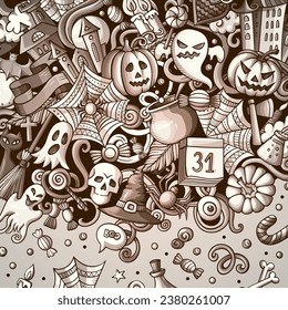 Cartoon vector doodles Happy Halloween border. Graphics, detailed, with lots of objects background. All objects separate. Monochrome funny frame