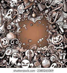 Cartoon vector doodles Happy Halloween border. Graphics, detailed, with lots of objects background. All objects separate. Monochrome funny frame