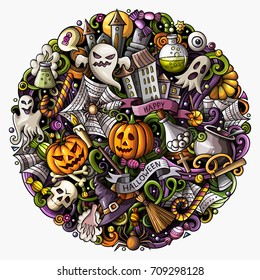 Cartoon vector doodles Happy Halloween illustration. Colorful, detailed, with lots of objects background. All objects separate. Bright colors funny round picture