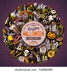 Cartoon vector doodles Happy Halloween illustration. Colorful, detailed, with lots of objects background. All objects separate. Bright colors funny round picture