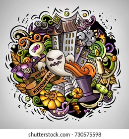 Cartoon vector doodles Happy Halloween illustration. Colorful, detailed, with lots of objects background. All objects separate. Bright colors funny round picture