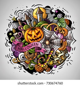 Cartoon vector doodles Happy Halloween illustration. Colorful, detailed, with lots of objects background. All objects separate. Bright colors funny round picture