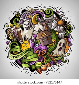 Cartoon vector doodles Happy Halloween illustration. Colorful, detailed, with lots of objects background. All objects separate. Bright colors funny round picture