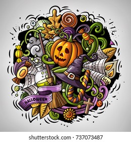 Cartoon vector doodles Happy Halloween illustration. Colorful, detailed, with lots of objects background. All objects separate. Bright colors funny round picture